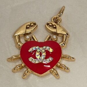 CC Gold Tone Red Heart Crab Charm CC Crystals Pearl Keychain Pendant